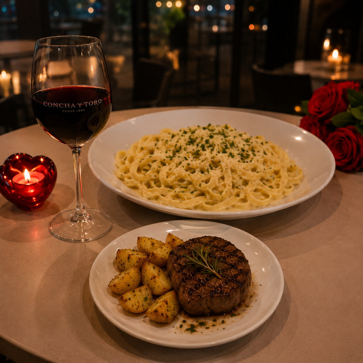 Fettuccine Alfredo com filé mignon e batatas rústicas